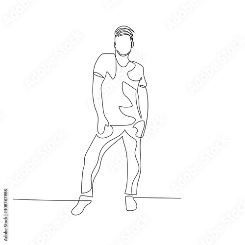 Continuous one line dancing man with fashion haircut in creative dance pose. Vector illustration.