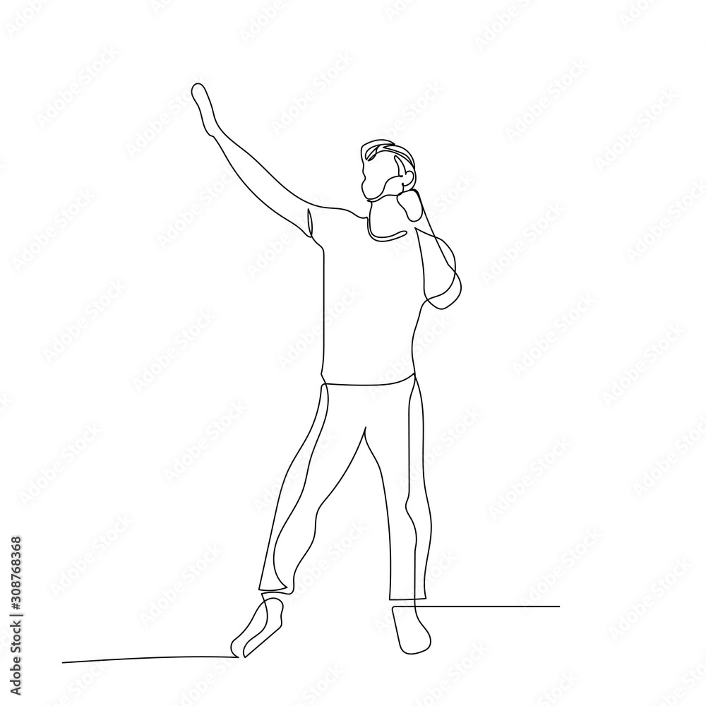 Continuous one line dancing man with rised up hand. Vector illustration.