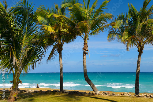 Woman meditating on shore at Varadero beach resort Cuba with Palm trees