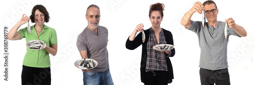 group of people with sardine on white background