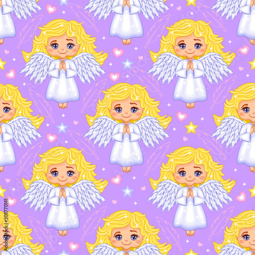 Angel with gold hair and blue wings seamless pattern. Violet Background. Vector Illustration.