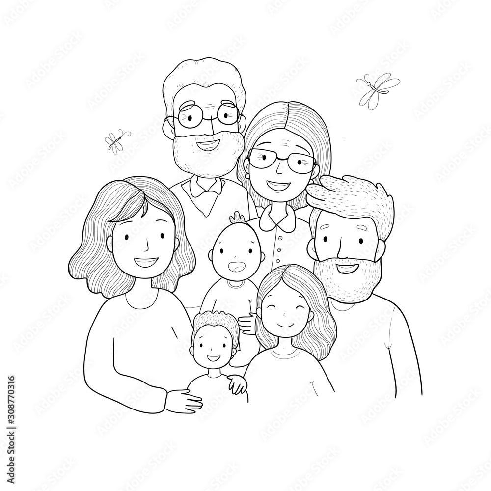 A happy family. Parents with children. Cute cartoon dad, mom, daughter, son and baby. grandmother and grandfather.