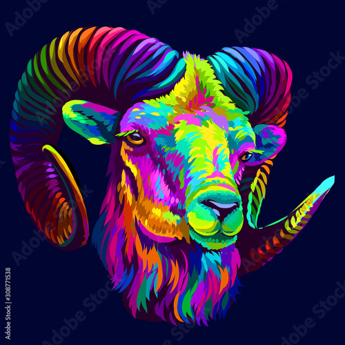 Mountain sheep. Abstract, colorful, neon portrait of a mountain sheep on a dark blue background in pop art style.