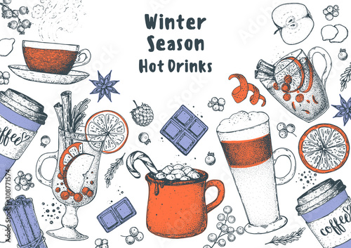 Hot drinks. Mulled wine, winter hot drink. Hand drawn sketch. Vector illustration. Christmas invitation design template. Sketch collection. Christmas bar menu. Mulled wine, coffee and tea.