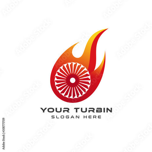 Hot Jet Turbine Logo Design, Airplane jet engine turbines on the gulf of flame illustration