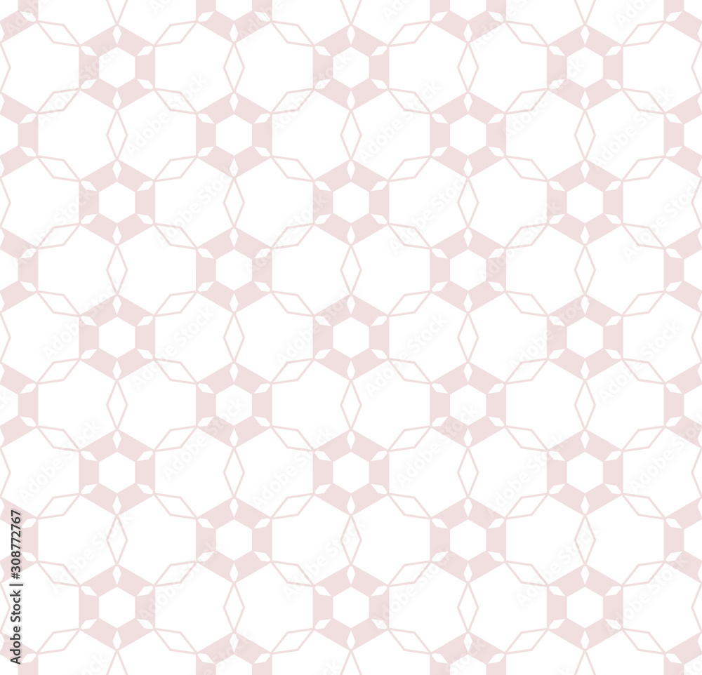 Subtle vector geometric seamless pattern in light pastel colors, white and pale pink. Abstract repeat ornament with hexagonal grid, lattice, net, diamond shapes. Delicate fine line background texture Subtle vector geometric seamless pattern in light pastel colors, white and pale pink. Abstract repeat ornament with hexagonal grid, lattice, net, diamond shapes. Delicate fine line background texture