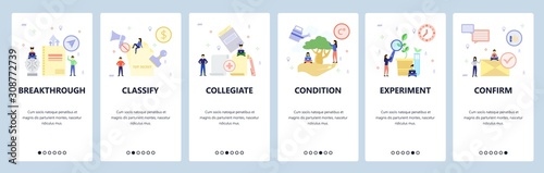 Mobile app onboarding screens. Biology experiment, plant tree, confirmation email, classify documents. Menu vector banner template for website and mobile development. Web site design flat illustration