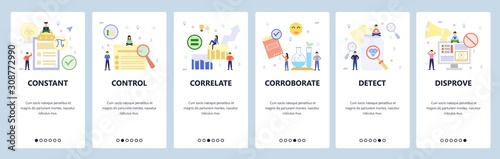 Mobile app onboarding screens. Video marketing and promotion, search, science experiment. Menu vector banner template for website and mobile development. Web site design flat illustration