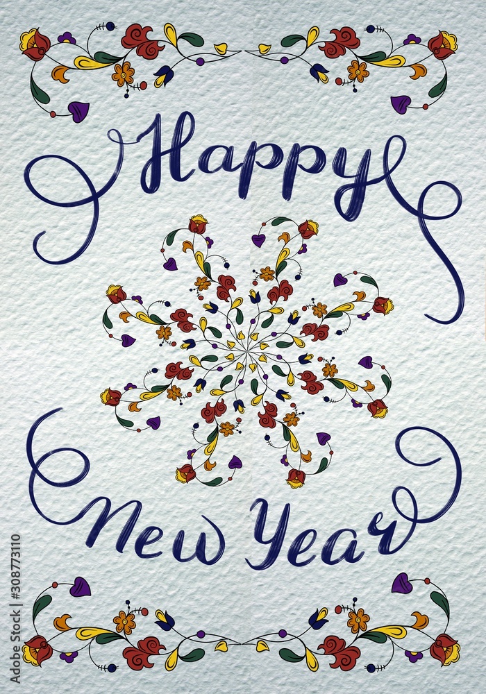 happy new year card in blue with floral frame on white background