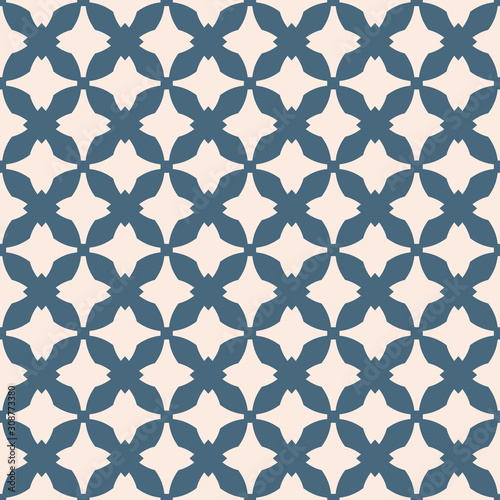 Vector abstract ornamental seamless pattern. Elegant texture in gothic style. Ornament background with curved shapes, crosses, grid, net, repeat tiles. Deep blue and beige color. Decorative design