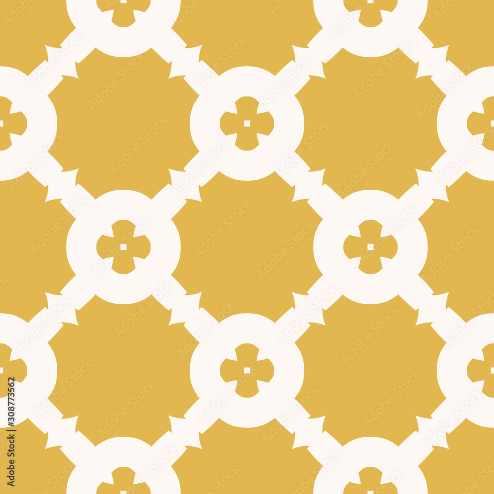 Vector geometric floral texture. Abstract seamless pattern with grid, big carved shapes, flower silhouettes, repeat tiles. Yellow and white ornamental background. Design for decor, furniture, ceramic Vector geometric floral texture. Abstract seamless pattern with grid, big carved shapes, flower silhouettes, repeat tiles. Yellow and white ornamental background. Design for decor, furniture, ceramic