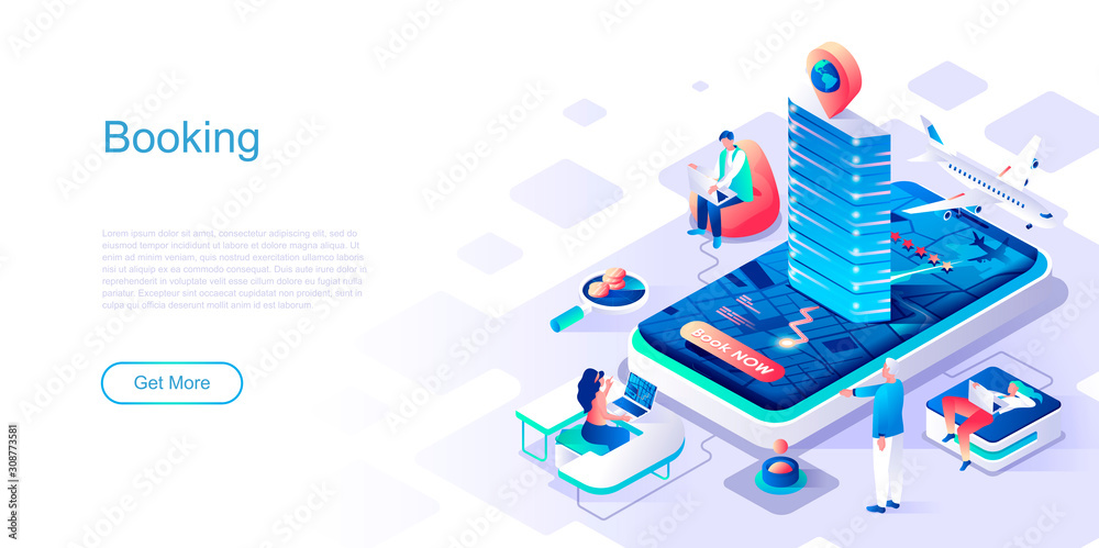Booking landing page vector template. Ordering boarding tickets website header UI layout with isometric illustration. Tourism agency, departure for vacation web banner isometry concept