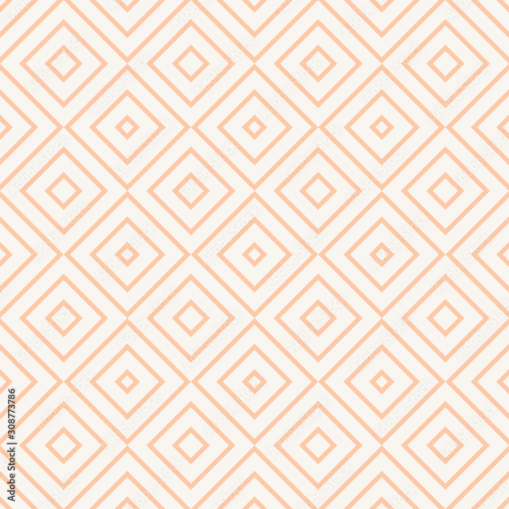 Vector geometric seamless pattern with squares, diamonds, rhombuses, thin lines, grid. Abstract ornament in peach and white color. Modern linear background. Subtle elegant texture. Repeat design Vector geometric seamless pattern with squares, diamonds, rhombuses, thin lines, grid. Abstract ornament in peach and white color. Modern linear background. Subtle elegant texture. Repeat design