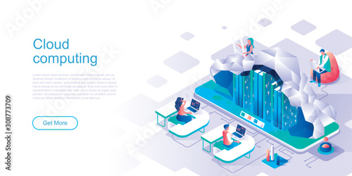 Cloud computing landing page vector template. Data and info storage website header UI layout with isometric illustration. Database server, hosting infrastructure web banner isometry concept