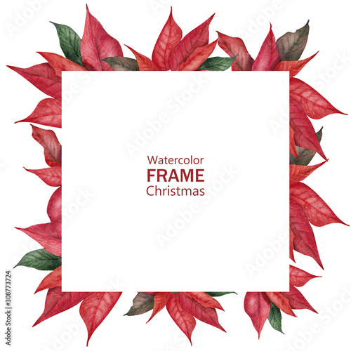 Watercolor frame with poinsettia, red balls, sweets and silk ribbons