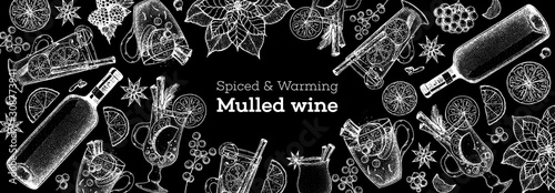 Hot drinks, bar menu. Mulled wine, winter hot drink top view. Hand drawn sketch. Vector illustration. Christmas design template. Sketch collection. Christmas bar menu. Mulled wine, coffee and tea