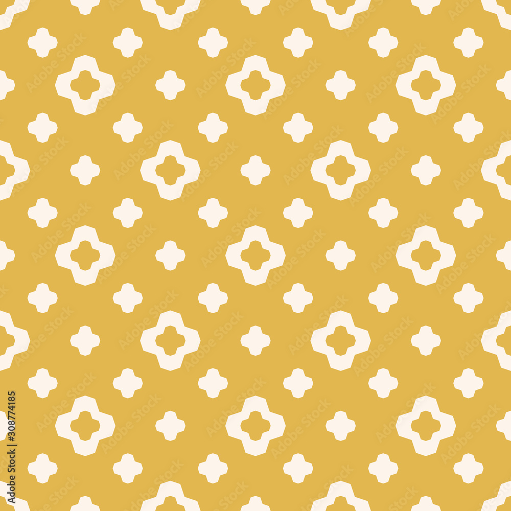 Vector geometric floral seamless pattern. Simple repeat minimal texture. Yellow and white color. Elegant abstract graphic background. Minimalist ornament with small flower silhouettes, stars, crosses