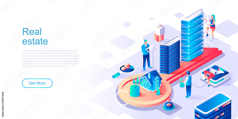 Real estate landing page vector template. Private property website header UI layout with isometric illustration. Residential apartment, buildings and skyscrapers web banner isometry concept