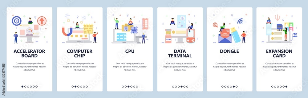 Mobile app onboarding screens.Computer hardware technology, data terminal, computer chip, graphic card, cpu. Vector banner template for website and mobile development. Web site design illustration