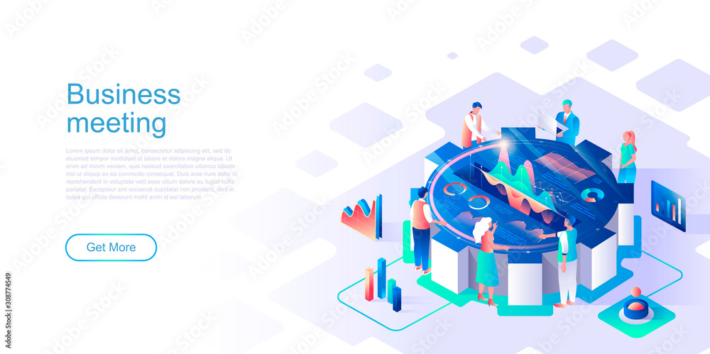 Business meeting landing page vector template. Workshop for entrepreneurs website header UI layout with isometric illustration. Business people cooperation web banner isometry concept