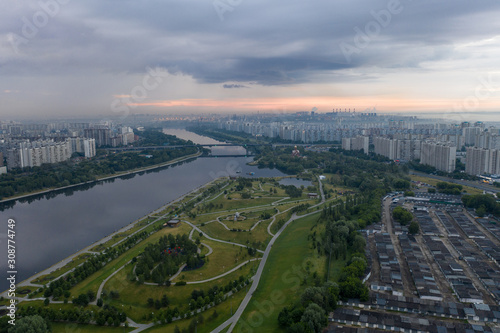 Moscow river in the park at dawn on a cloudy summer morning photo from drone © Provokator