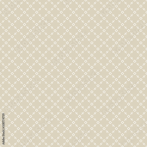 Vector golden seamless pattern, repeat geometric background. White and beige figures, elegant ornamental texture. Illustration of lattice, delicate mesh, grid. Design for prints, decoration, textile