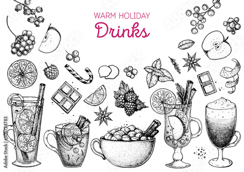 Mulled wine, winter hot drink. Hand drawn sketch. Vector illustration. Christmas invitation design template. Sketch collection. Christmas bar menu. Mulled wine, coffee and tea.