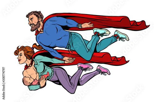 a family of superheroes. dad mom and baby