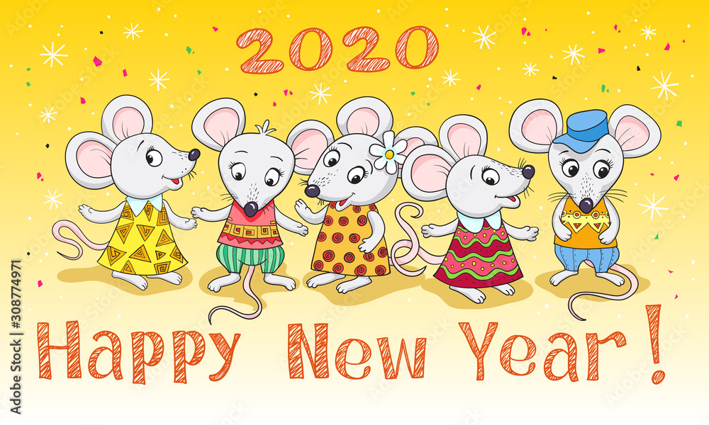Naklejka premium Party of funny mice, symbol of 2020. Banner for your design, greeting card, hand drawing, cartoon style.