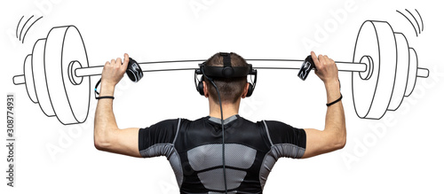 A man in a virtual reality lifting a painted barbell, virtual sport, isolated on a white