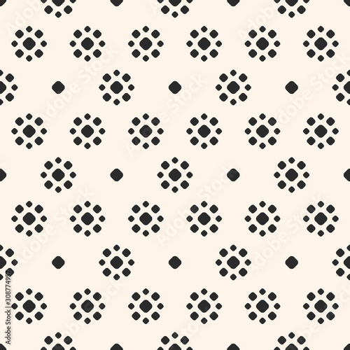 Retro vintage seamless pattern. Elegant abstract background with simple floral shapes  small circles  polka dots. Black and white texture. Monochrome repeat design for decor  wallpaper  textile  cloth