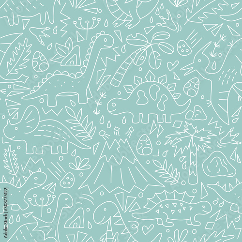 Cute doodle dinosaurs. Seamless pattern. Vector illustration in doodle style. Hand drawn. Linear