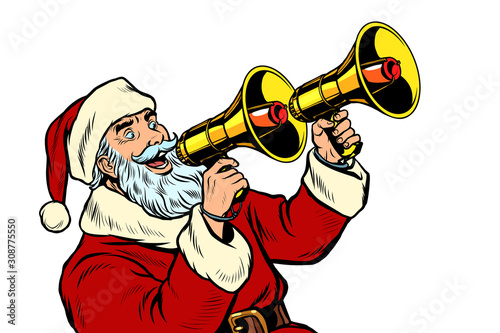 Santa Claus with a megaphone. Christmas sale