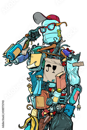 The character garbage man. Landfills dump ecology and pollution concept
