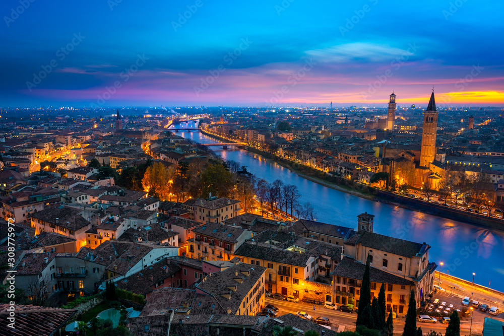 Beautiful sunset aerial view of Verona. Italy
