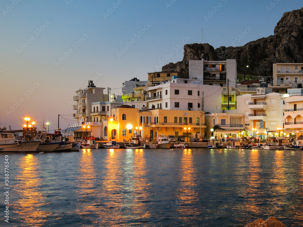 Karpathos, Greece: Scenic View of the Old City and Harbor at Sunset Dusk