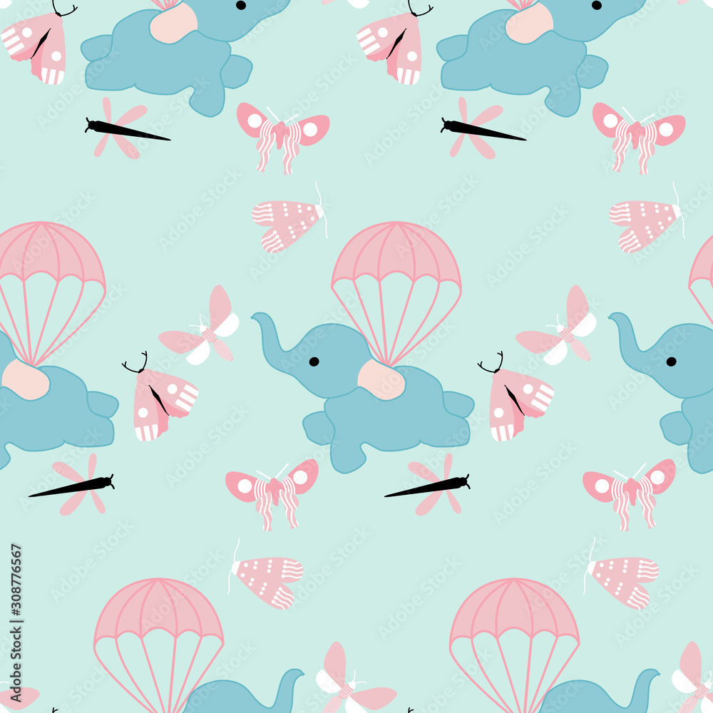 flying cute elephant in a seamless pattern design - obrazy, fototapety, plakaty 