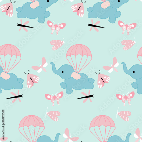 flying cute elephant in a seamless pattern design