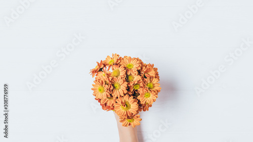 Top view bouquet of orange chrysanthemums
