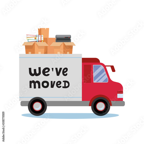 Moving truck and cardboard boxes. Moving Office stuff. Transport company. Trusk side veiw with lettering quote We've moved. Vector cartoon style illustration