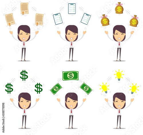 Portrait of a beautiful expressive young brunette with objects. Stock flat vector illustration.