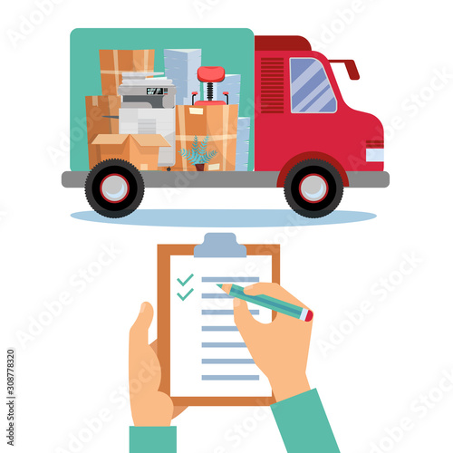 Business moving concept. Storage, logistics, local delivery service company with small cargo truck with boxes inside and employee hands holding clipboard with abstract shipping form. Vector flat