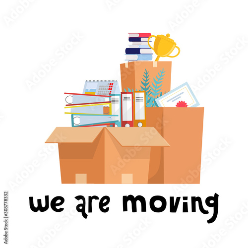 We are moving concept. Office cardboard boxes with stuff, documents folders, plant, goblet cup. Moving into a new office. Flat style vector illustration.