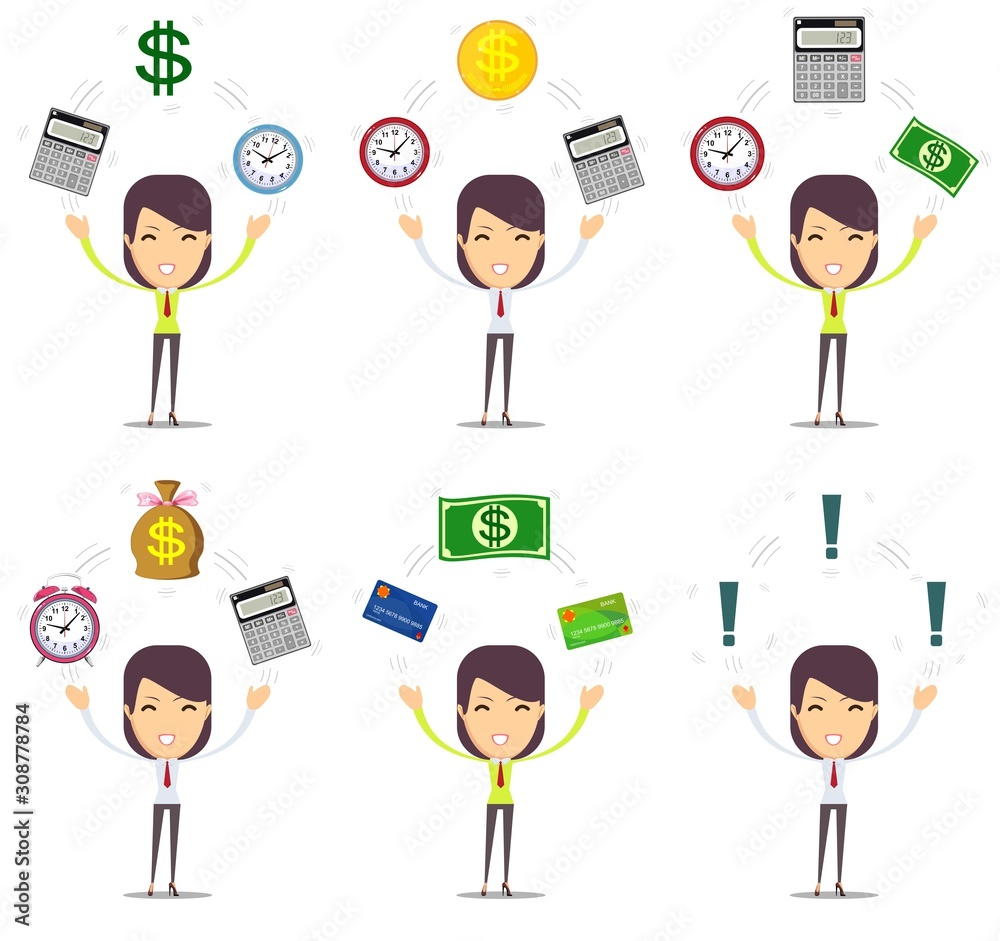Portrait of a beautiful expressive young brunette with objects. Stock flat vector illustration. Portrait of a beautiful expressive young brunette with objects. Stock flat vector illustration.