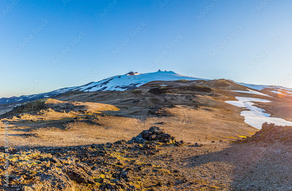 Panoramic view from Snaefellsjökull volcano over the Snaefells peninsula on Iceland in summer