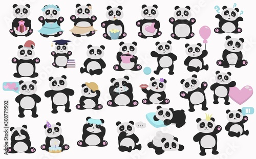 Set of cute vector pandas. Cartoon pandas illustration.