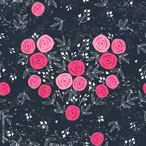 Seamless pattern with hand drawn vintage heart of pink flowers and leaves for textile, wallpapers, gift wrap and scrapbook for Valentine's Day, wedding, mother's day, birthday. Vector.