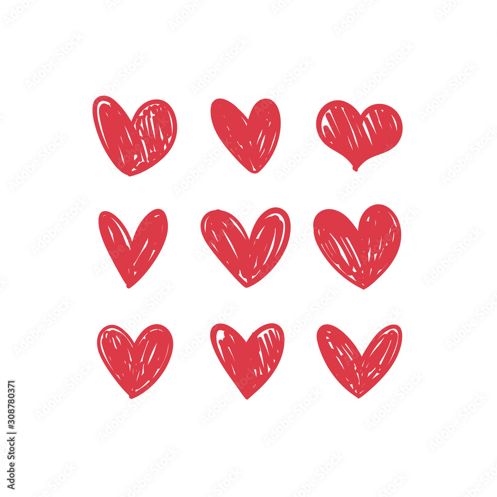 Heart doodles collection. Set of hand drawn hearts. Love illustrations.