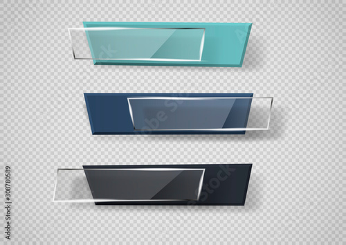 Reflecting glass banner. Gloss reflection 3d panel or clear text box banner on transparent display background vector
