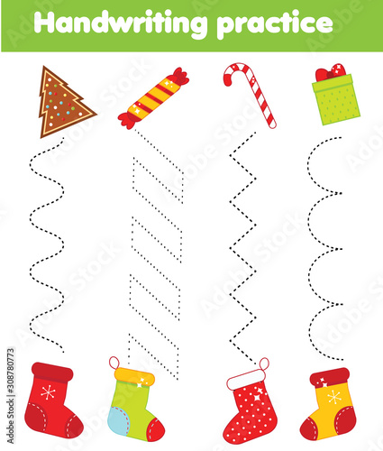 put gifts in stockings. handwriting practice sheet. Christmas and new year activity for kids. Educational children game. Tracing for toddlers.